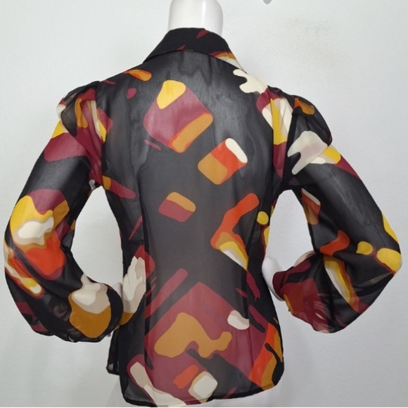 Worthington Sheer Abstract Multicolor Print Ruffle Button-Down Blouse Size S - Picture 6 of 13